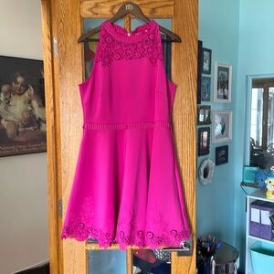 Ted Baker fit & flare hot pink sleeveless dress with lace TB 5 US 12